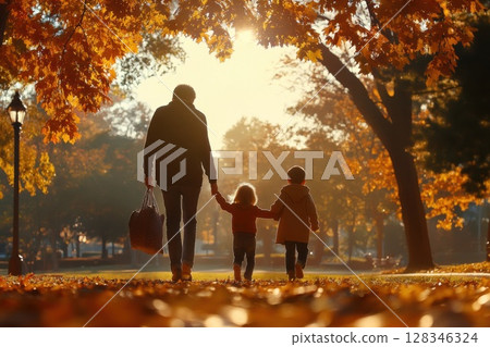 Family enjoys a joyful walk hand in hand through a warm sunlit autumn park 128346324
