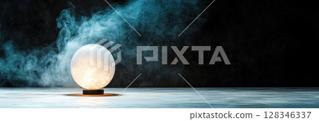 Glowing crystal ball surrounded by swirling mist on solid black background Glowing crystal ball surrounded by swirling mist on solid black background 128346337