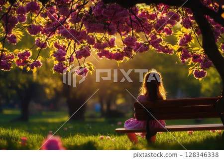 Girl enjoys serene moment on park bench under blooming cherry tree during golden hour 128346338