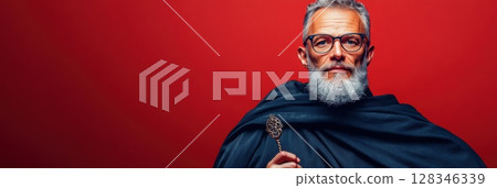 Mature man in cloak holding ornate wand against plain burgundy backdrop 128346339