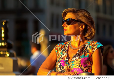 Woman enjoying a sunny day by a fountain in a vibrant summer dress with sunglasses 128346340