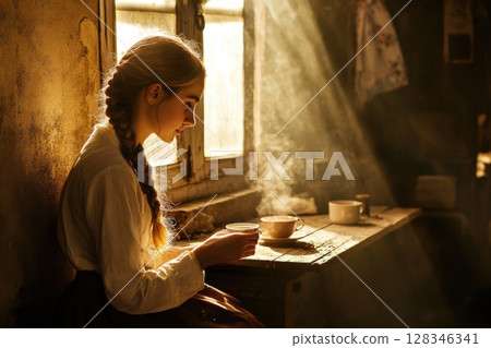 Woman enjoys serene moment with a cup of tea by a sunlit window in cozy corner 128346341
