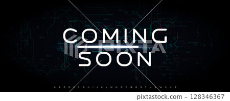 Futuristic Coming Soon Text with Glowing Light Effect on Dark Background, Perfect for Tech Projects, Websites, or Trailers. Stylish Modern Typography. Vector Illustration. Futuristic Coming Soon Text with Glowing Light Effect on Dark Background, Perfect for Tech Projects, Websites, or Trailers. Stylish Modern Typography. Vector Illustration. 128346367