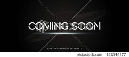 Futuristic Coming Soon Typography with Saturn Planet Rings, Ideal for Movie Trailers, Tech Forums, or Design Conferences. Modern Robotic Space Alphabet. Vector Illustration. 128346377