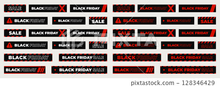 Black Friday Sale Labels and Banners Collection in Bold Red and Black Style, Perfect for Web, Print, Digital Product, Social Media, E-Commerce Promotions. Vector Illustration. Black Friday Sale Labels and Banners Collection in Bold Red and Black Style, Perfect for Web, Print, Digital Product, Social Media, E-Commerce Promotions. Vector Illustration. 128346429