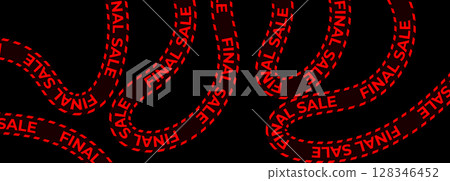 Final sale tape with red warning text. Clearance discount banner for shopping, ecommerce, seasonal offers, store promotion. Black background, curved ribbon style. Vector illustration. Final sale tape with red warning text. Clearance discount banner for shopping, ecommerce, seasonal offers, store promotion. Black background, curved ribbon style. Vector illustration. 128346452