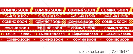 Collection of Available Soon and Coming Soon red ribbon banner tapes with striped accents for store opening, sale teaser, marketing campaign, alert notice, product release, store opening vector set. 128346475