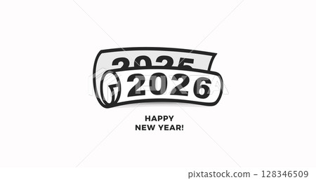 Turning Page to 2026 with Bold Calendar Roll Concept for New Year Transition. Ideal for Corporate Greeting, Annual Report, or Business Timeline Theme. Black and White Vector Illustration 128346509