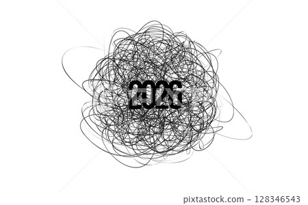 2026 Abstract Scribble Art with Grunge Chaos Lines and Bold Typography for Modern Poster, Creative New Year Card, Edgy Graphic Design or Minimalist Calendar Concept. Vector Illustration. 128346543