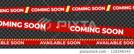 Coming Soon Available Soon Banner Tape, mixed ribbon styles for shop opening, sale launch, retail notice, marketing campaign. Product promotional clearance. Vector Illustration Coming Soon Available Soon Banner Tape, mixed ribbon styles for shop opening, sale launch, retail notice, marketing campaign. Product promotional clearance. Vector Illustration 128346545