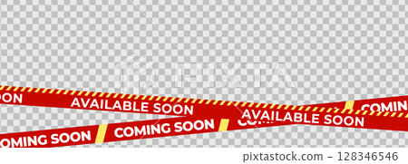 Available Soon Coming Soon Banner Tape with bold white text and red stripes. Perfect for store opening, promo teaser, product launch, campaign notice or web advertisement. Vector Illustration. 128346546