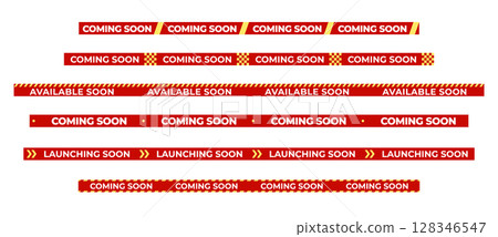 Coming Soon Red Warning Banner Tape set with bold typography for shop opening, sale launch, retail notice, campaign alert, product arrival, promotional clearance. Vector illustration. 128346547