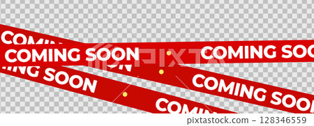 Coming Soon Red Banner Tape Stripe for shop opening, sale launch, retail notice, store ad, campaign teaser, product arrival, marketing layout. Product promotional clearance. Vector Illustration. 128346559