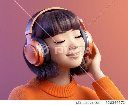 Girl listening to music with headphones Girl listening to music with headphones 128346672