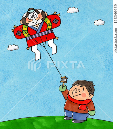 男孩放風箏複製空間（藍天） 128346689