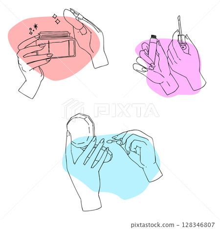 Illustration set of hands holding various cosmetics, makeup, beauty 128346807