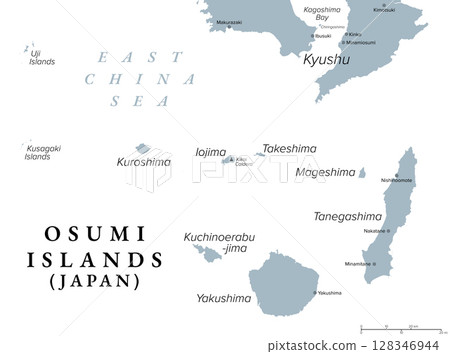 Osumi Islands, island group of Japan, gray political map. Archipelago and northernmost group of Ryukyu Islands, extending from southern tip of Kyushu to Yakushima, belonging to Kagoshima Prefecture. Osumi Islands, island group of Japan, gray political map. Archipelago and northernmost group of Ryukyu Islands, extending from southern tip of Kyushu to Yakushima, belonging to Kagoshima Prefecture. 128346944
