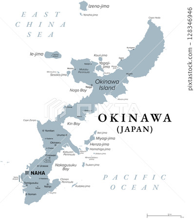 Okinawa Island, Japan, gray political map. One of the five main islands of Japan, and largest of the Okinawa Islands and the Ryukyu islands in the Kyushu region, with the capital Naha. Illustration Okinawa Island, Japan, gray political map. One of the five main islands of Japan, and largest of the Okinawa Islands and the Ryukyu islands in the Kyushu region, with the capital Naha. Illustration 128346946