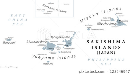 Sakishima Islands, Japan, gray political map. Southernmost end of Japanese Archipelago, part of Ryukyu Islands. With Miyako, Yaeyama and Senkaku Islands, administered as part of Okinawa Prefecture. 128346947