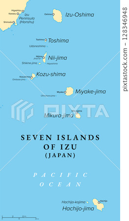 Seven Islands of Izu, Tokyo Prefecture, Japan, political map. The name comes from the fact that there were seven main inhabited islands in the Izu Islands during the Edo period. Illustration. Vector 128346948