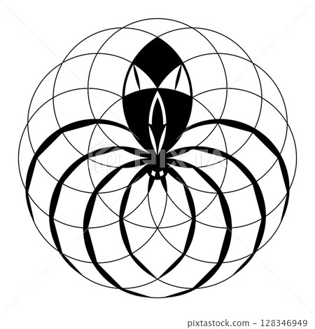 Alien-spider in its web, crop circle pattern. Spider with face of an Alien on its abdomen lurks for prey, sitting in its web, in the shape similar to a Seed of Life. Found 2025 in Cerne Abbas, Dorset. 128346949