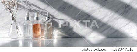 Peptide skincare bottles arranged elegantly on a marble surface, casting natural shadows in a clean aesthetic 128347115