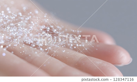 Hand applies skincare infused with peptide molecules for skin regeneration and anti-aging support Hand applies skincare infused with peptide molecules for skin regeneration and anti-aging support 128347116