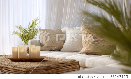 Cozy tropical interior with minimalist luxury sofa, natural textures, and soft lighting creating a serene summer home atmosphere with copy space 128347135
