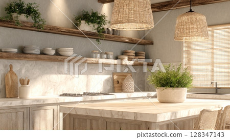 Minimalist tropical kitchen interior featuring natural wood accents, open shelving, and lush greenery, creating a serene summer home atmosphere 128347143