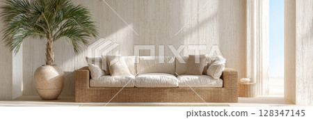 Minimalist luxury living room with natural textures, light-colored sofa, tropical plant, and serene ambiance for a summer home vibe 128347145