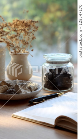 Shilajit herbal remedy displayed on wooden table with notebook and decorative elements 128347170