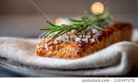 Candied salmon fillet garnished with fresh herbs on a soft linen napkin, showcasing a deliciously sweet and savory culinary delight 128347278