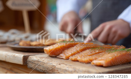 Candied salmon fillets arranged on a wooden board, with a chef's hand slicing additional pieces, showcasing culinary craftsmanship and vibrant colors 128347285