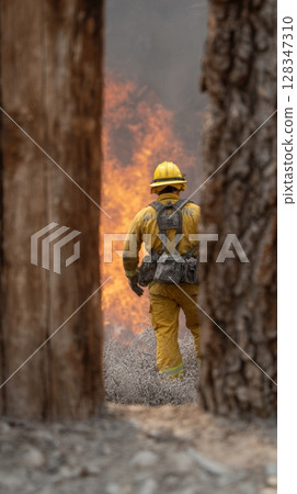 Firefighter in yellow gear stands near raging flames, surrounded by trees, showcasing bravery and dedication in extreme heat Firefighter in yellow gear stands near raging flames, surrounded by trees, showcasing bravery and dedication in extreme heat 128347310