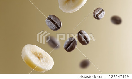 Banana slices and coffee beans are floating against a soft golden background 128347369