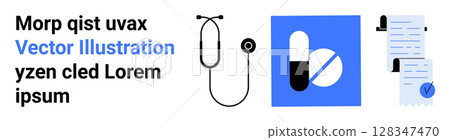 Stethoscope, two pills in blue square, and documents with checkmark. Ideal for medical, healthcare, pharmaceutical, education, websites, presentations, marketing materials Landing page 128347470