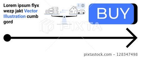 Buy button, large arrow, financial flowchart with cart, house, coins icon, lorem ipsum text. Ideal for e-commerce, financial planning, digital marketing, online shopping, sales funnel, economic 128347498