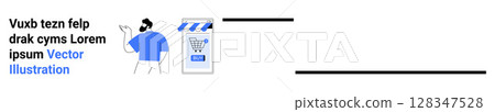 Man holding phone looking at shopping cart on screen. Ideal for eCommerce, apps, mobile UI, online shopping, digital marketing, retail businesses, and consumer products. Landing page Man holding phone looking at shopping cart on screen. Ideal for eCommerce, apps, mobile UI, online shopping, digital marketing, retail businesses, and consumer products. Landing page 128347528