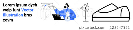 Man analyzing growth charts, holding a bag of money next to a laptop, wind turbine, and shoe. Ideal for business, finance, technology, innovation, eco-friendliness, sustainability, e-commerce Man analyzing growth charts, holding a bag of money next to a laptop, wind turbine, and shoe. Ideal for business, finance, technology, innovation, eco-friendliness, sustainability, e-commerce 128347531
