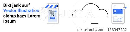 Shopping cart on a storefront screen, connecting to the cloud, followed by an analytics dashboard on a mobile device. Ideal for e-commerce, cloud computing, data security, mobile apps, online retail Shopping cart on a storefront screen, connecting to the cloud, followed by an analytics dashboard on a mobile device. Ideal for e-commerce, cloud computing, data security, mobile apps, online retail 128347532