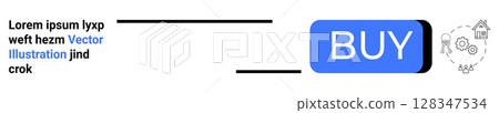 Blue BUY button, placeholder text, and grey icons depicting shopping, shipping, digital commerce, payment, with a clean, modern design on white. Ideal for e-commerce, online stores, digital Blue BUY button, placeholder text, and grey icons depicting shopping, shipping, digital commerce, payment, with a clean, modern design on white. Ideal for e-commerce, online stores, digital 128347534