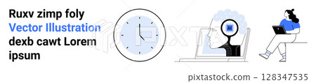 Clock, digital head with gears, woman with laptop. Ideal for education, technology, productivity, time management, innovation, online learning, remote work Landing page Clock, digital head with gears, woman with laptop. Ideal for education, technology, productivity, time management, innovation, online learning, remote work Landing page 128347535