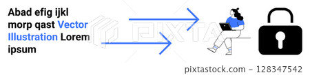 Arrows point towards a woman on a laptop, leading to a lock icon. Ideal for data protection, cybersecurity, online security, digital privacy, safe browsing, secure communication, and technology Arrows point towards a woman on a laptop, leading to a lock icon. Ideal for data protection, cybersecurity, online security, digital privacy, safe browsing, secure communication, and technology 128347542