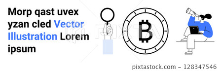 Magnifying glass, Bitcoin symbol, and person with telescope exploring on laptop. Ideal for business analysis, cryptocurrency, exploration, research, financial planning, digital currency education 128347546