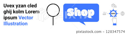 Keywords in blue and black text with a search icon and a shopping gear. Ideal for online shopping, e-commerce, digital marketing, retail industry, and website development. Banner for landing page 128347574
