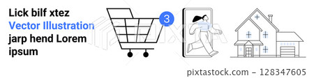 Shopping cart with number three in blue circle, person emerging from smartphone, simple house outline. Ideal for e-commerce, online shopping, delivery services, digital marketing, mobile apps, home Shopping cart with number three in blue circle, person emerging from smartphone, simple house outline. Ideal for e-commerce, online shopping, delivery services, digital marketing, mobile apps, home 128347605