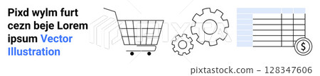 Shopping cart, gears, and financial spreadsheet with dollar icon. Ideal for ecommerce, financial planning, software development, business processes, automation, online shopping, and economic Shopping cart, gears, and financial spreadsheet with dollar icon. Ideal for ecommerce, financial planning, software development, business processes, automation, online shopping, and economic 128347606