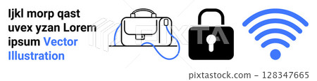Black padlock, blue wireless signal, and briefcase symbolize security, connectivity, and business essentials. Ideal for cybersecurity, remote work, digital nomad lifestyle, online privacy, business 128347665