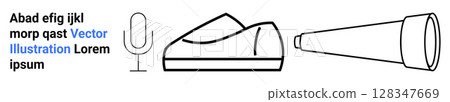 Microphone, shoe, and telescope in minimalist black outline. Bold and italic text near microphone. Ideal for graphic design, minimalism, upfront communication, technology, astronomy enthusiasts Microphone, shoe, and telescope in minimalist black outline. Bold and italic text near microphone. Ideal for graphic design, minimalism, upfront communication, technology, astronomy enthusiasts 128347669