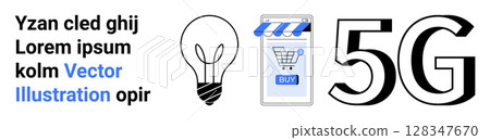 Connected light bulb, mobile shopping app icon with buy button, and large 5G text. Ideal for innovation, IoT, e-commerce, mobile technology, future trends, connectivity, digital transformation Connected light bulb, mobile shopping app icon with buy button, and large 5G text. Ideal for innovation, IoT, e-commerce, mobile technology, future trends, connectivity, digital transformation 128347670